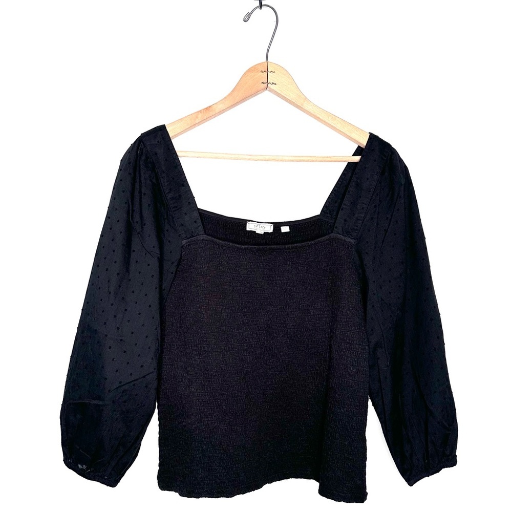 Fat Face Black Square Neck Swiss Dot Puff Sleeve Smocked Top Size 8
